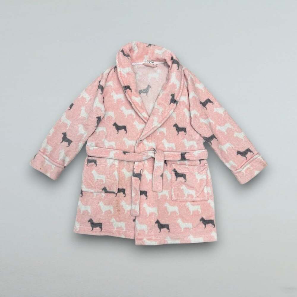 Pink Dog Print Plush Fleece Bathrobe Belted Pockets Women’s Small